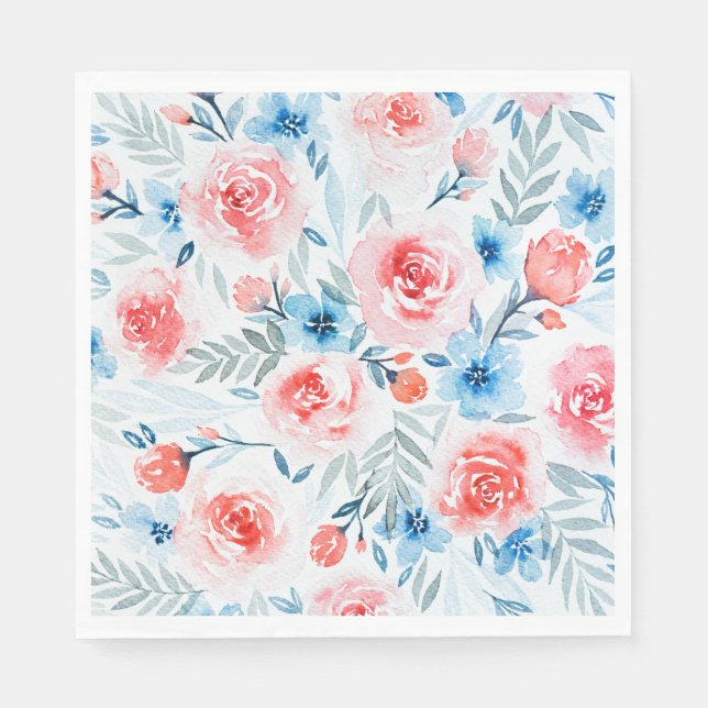 Serviette En Papier Roses Roses Roses Bleues Fleurs Aquarelle Motif Fl (Devant)