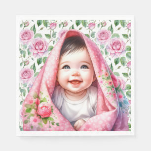 Serviette En Papier Roses roses roses et Baby shower de bébé souriant