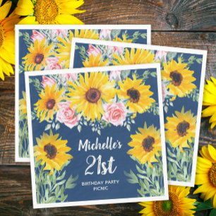 Serviette En Papier Roses roses Tournesols Bleu Marine 21e anniversair