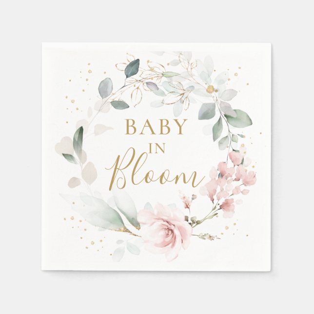 Serviette En Papier Roses roses vertes Baby shower de feuillage servie (Devant)