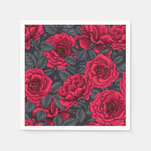 Serviette En Papier Roses rouges avec feuilles gris sur noir
