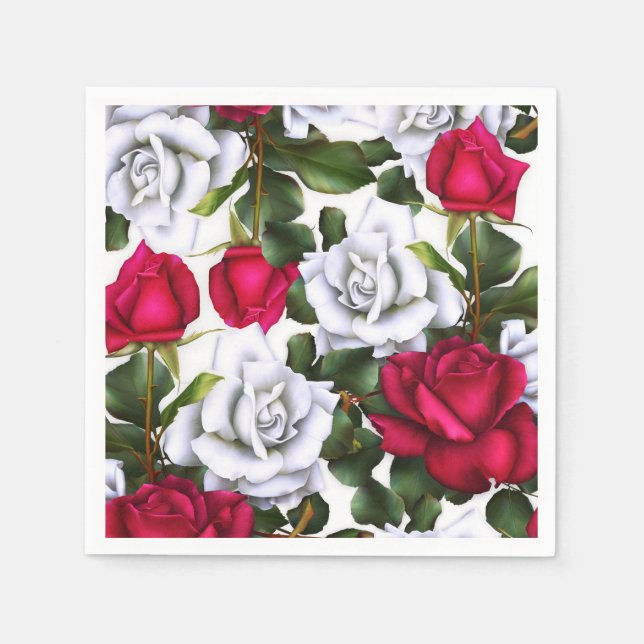 Serviette En Papier Roses Rouges & Blanches Shabby Chic Rustique Glamo (Devant)