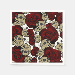 Serviette En Papier Roses Rouges & Crânes Floral Gothique Gris Noir