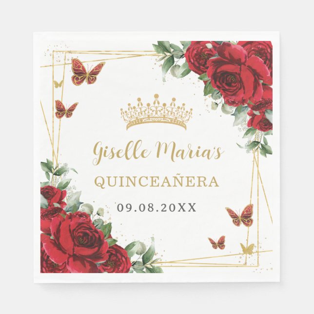 Serviette En Papier Roses Rouges Floral Papillons Dorés Quinceañera (Devant)