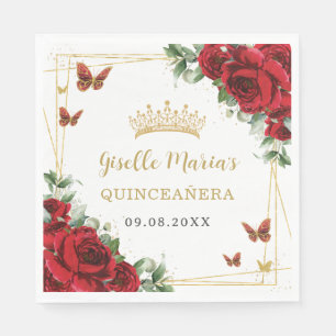Serviette En Papier Roses rouges Floral Papillons en or Quinceañera