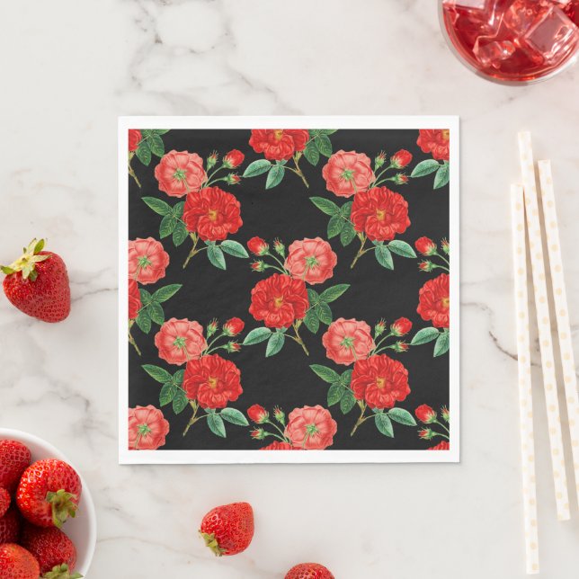 Serviette En Papier Roses rouges, fond noir, (En situation)