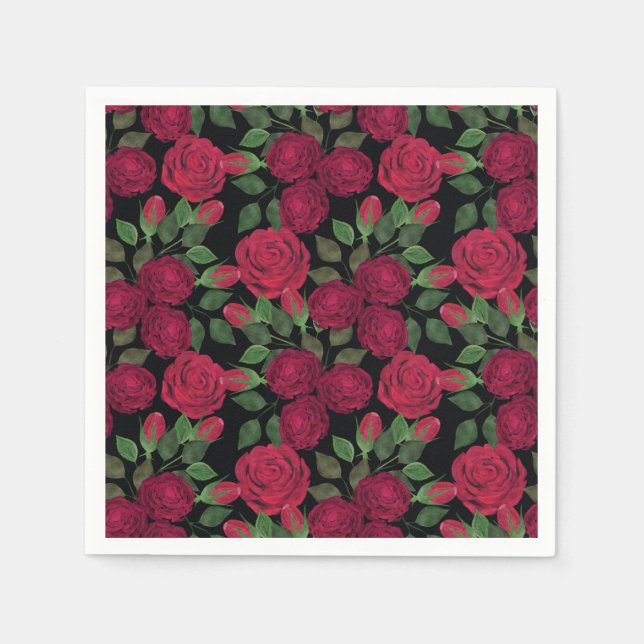 Serviette En Papier Roses rouges sur noir. (Devant)