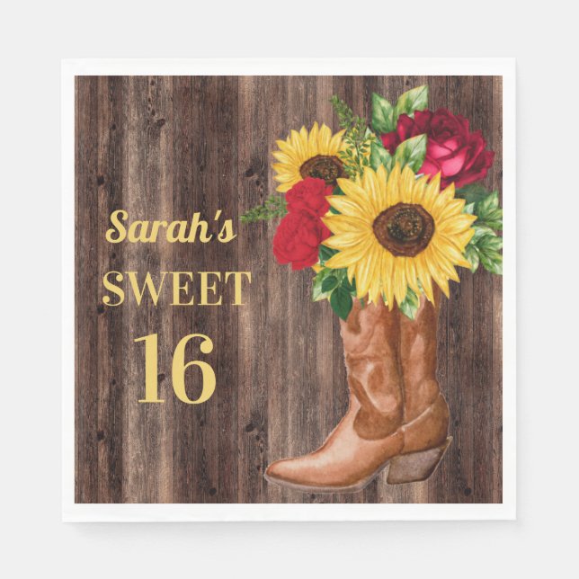 Serviette En Papier Roses rouges Tournesols Cowboy Bottes Sweet 16 (Devant)