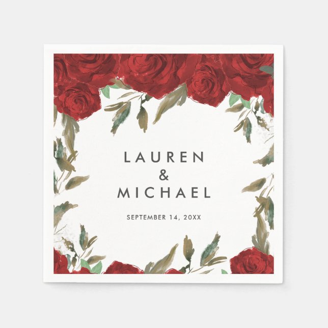 Serviette En Papier roses rouges verdure fleurie mariage serviettes (Devant)