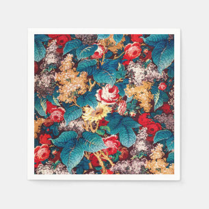 Serviette En Papier Roses rouges vintages et motif floral lilas
