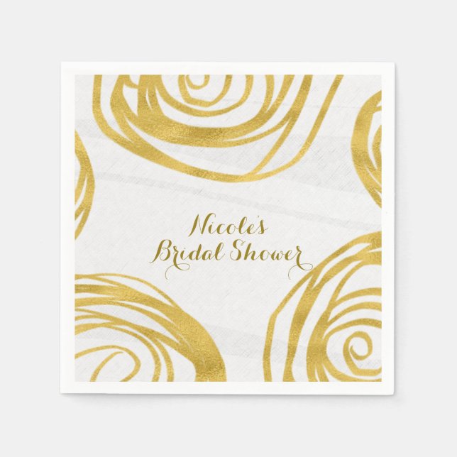 Serviette En Papier Roses Tourbillons Blancs et Dorés Mariage Moderne (Devant)
