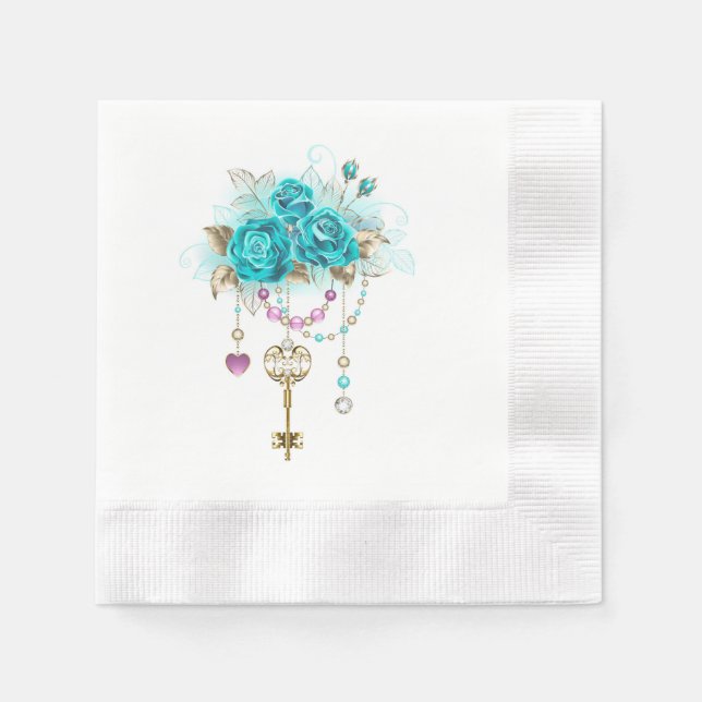 Serviette En Papier Roses Turquoise avec Clés (Devant)