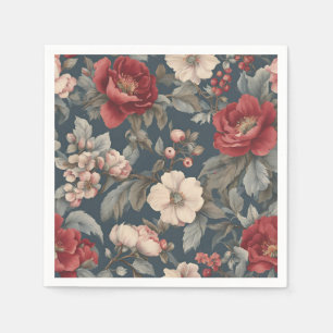 Serviette En Papier Roses Vintage Rouge Poussiéreux, Blanc Bleu