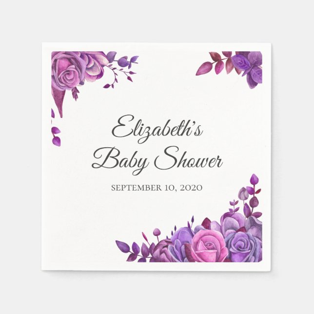 Serviette En Papier Roses violettes et roses. Baby shower lilas floral (Devant)