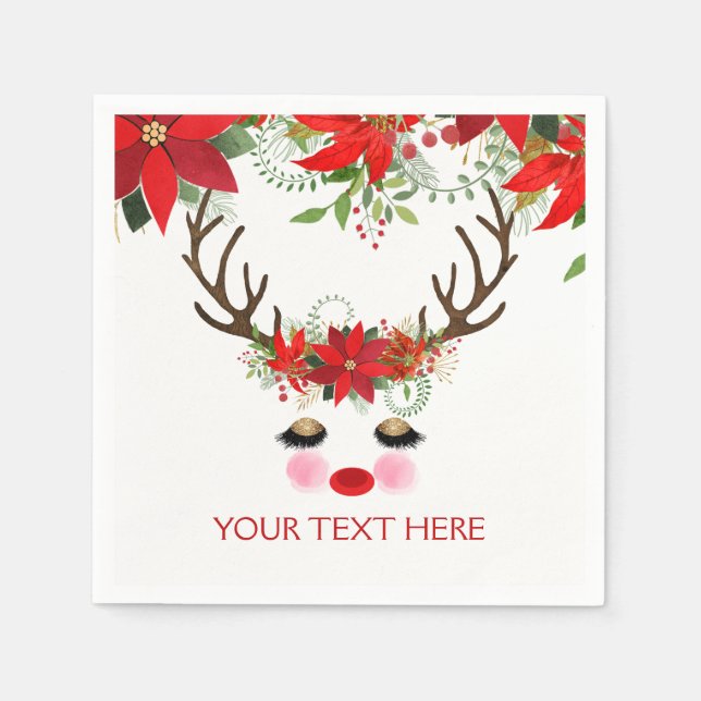 Serviette En Papier Rosy Cheeks Gold Eyes Floral Reindeer Holiday (Devant)