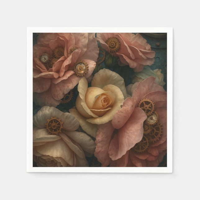 Serviette En Papier Rouages et roses – Accessoires de table steampunk (Devant)