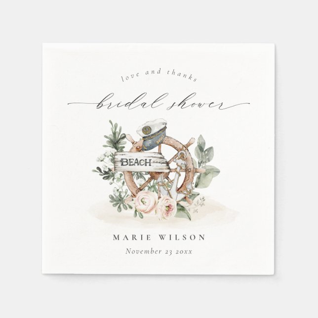 Serviette En Papier Roue d'ancre nautique Feuillage floral Fête de mar (Devant)