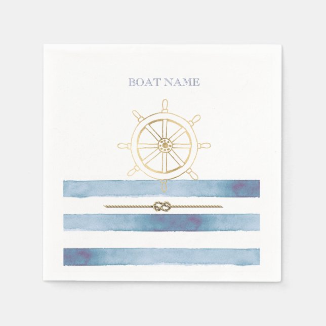 Serviette En Papier Roue de bateau en or nautique, rayures d'aquarelle (Devant)