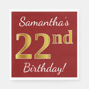 Serviette En Papier Rouge, anniversaire d'or de Faux 22ème + Nom fait