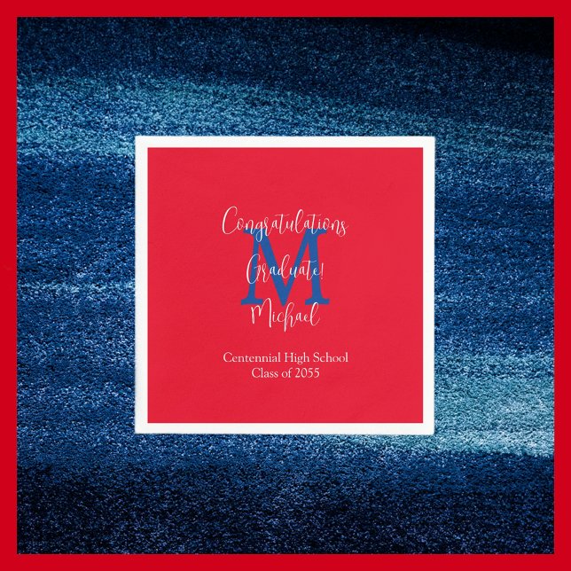 Serviette En Papier Rouge Blanc Bleu Écarpe Nom de graduation Monogram (Créateur téléchargé)