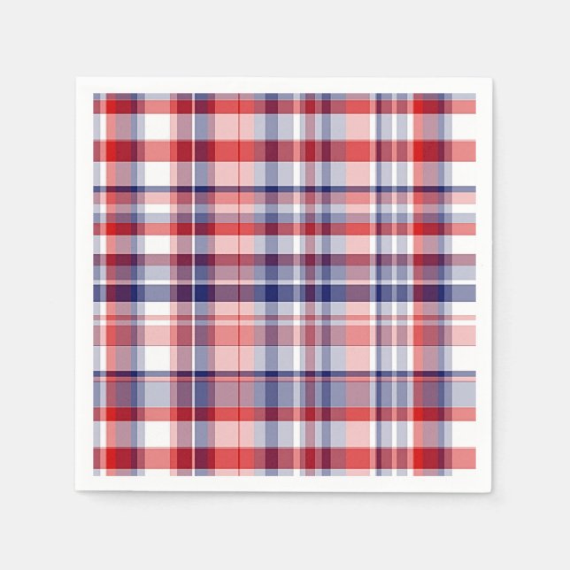 Serviette En Papier Rouge, Blanc, Bleu Preppy Madras Plaid (Devant)