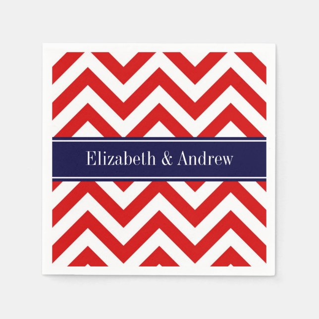 Serviette En Papier Rouge Blanc LG Chevron Marine Nom bleu Monogramme (Devant)