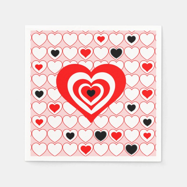 Serviette En Papier Rouge, Blanc, Noir Valentine Coeurs Plaque Papier (Devant)