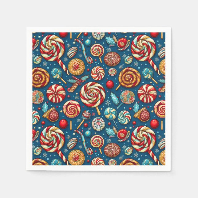 Serviette En Papier Rouge Blanc Sucette Candy Bleu Noël (Devant)
