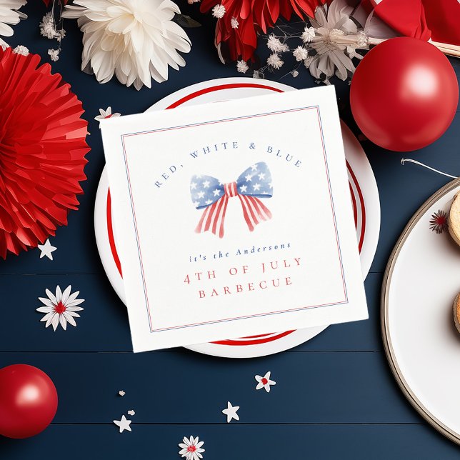 Serviette En Papier Rouge Bleu 4 juillet BBQ Classic Preppy Bow (4th of july napkin with preppy american flag bow illustration and minimalist design)