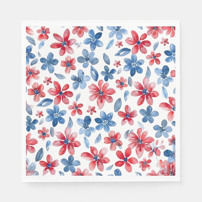 Serviette En Papier Rouge bleu 4 juillet Floral Napkin (Devant)