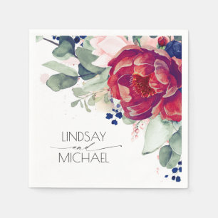 Serviette En Papier Rouge bordeaux et bleu marine Flore élégant