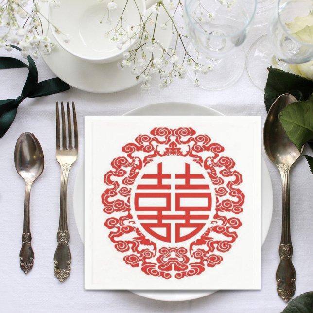 Serviette En Papier rouge double bonheur mariage chinois moderne (red double happiness modern chinese wedding paper napkins)