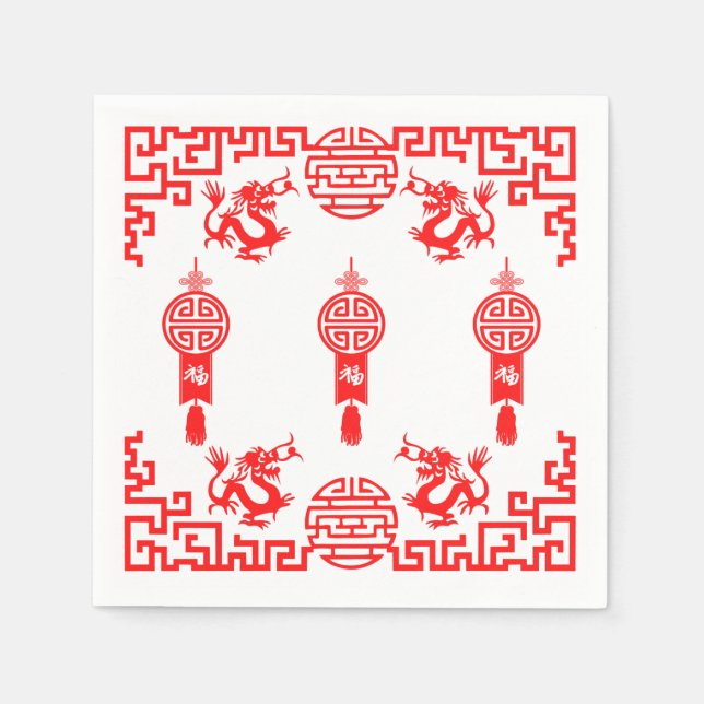 Serviette En Papier Rouge Dragon Oriental Cocktail Napkins (Devant)