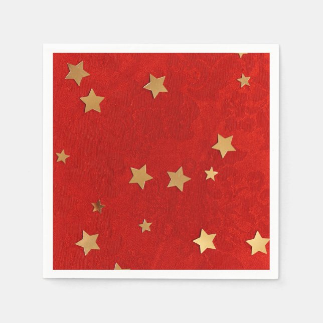 Serviette en papier rouge élégant avec étoiles dor (Devant)
