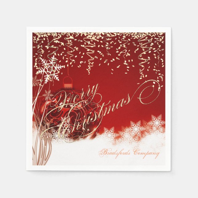 Serviette En Papier Rouge élégant, Boules de Noël, Confetti d'or (Devant)