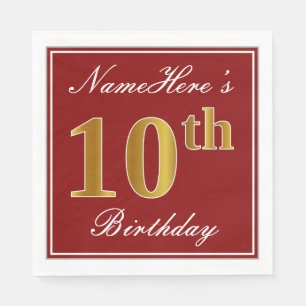 Serviette En Papier Rouge élégant, Faux Gold 10e anniversaire + Nom 
