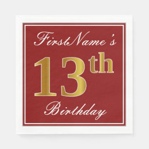 Serviette En Papier Rouge élégant, Faux Gold 13e anniversaire + Nom 