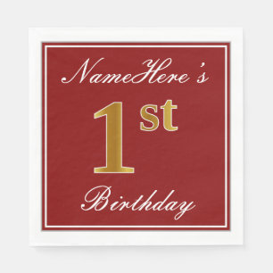 Serviette En Papier Rouge élégant, Faux Gold 1er Anniversaire + Nom 