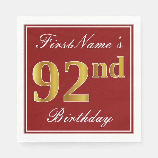 Serviette En Papier Rouge élégant, Faux Gold 92e anniversaire + Nom pe (Devant)
