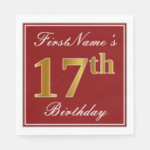 Serviette En Papier Rouge Élégant, Or Faux 17e Anniversaire + Nom Pers
