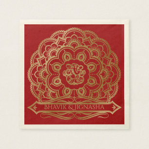 Serviette En Papier Rouge et or Mandala Mariage indien Napkin