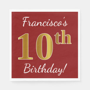 Serviette En Papier Rouge, Faux Gold 10e anniversaire + Nom personnali