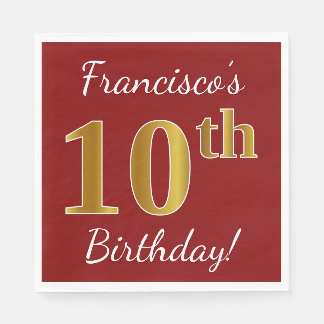 Serviette En Papier Rouge, Faux Gold 10e anniversaire + Nom personnali (Devant)