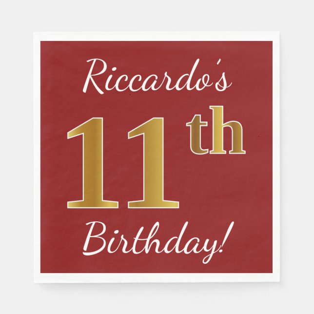 Serviette En Papier Rouge, Faux Gold 11e anniversaire + Nom personnali (Devant)