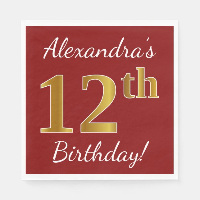 Serviette En Papier Rouge, Faux Gold 12e anniversaire + Nom personnali (Devant)