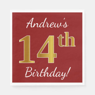 Serviette En Papier Rouge, Faux Gold 14e anniversaire + Nom personnali
