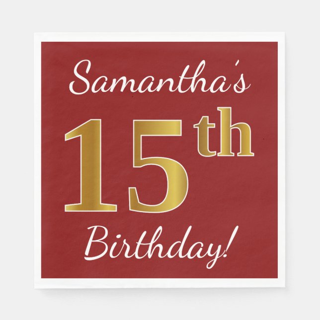 Serviette En Papier Rouge, Faux Gold 15e anniversaire + Nom personnali (Devant)
