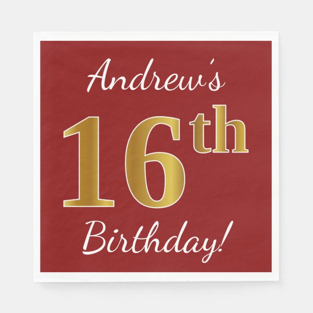 Serviette En Papier Rouge, Faux Gold 16e anniversaire + Nom personnali (Devant)