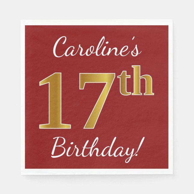 Serviette En Papier Rouge, Faux Gold 17e anniversaire + Nom personnali (Devant)