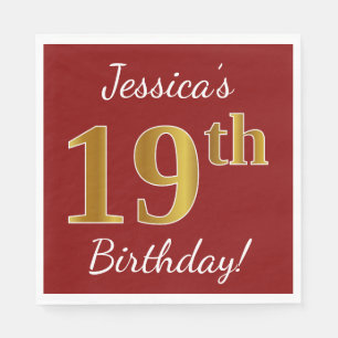 Serviette En Papier Rouge, Faux Gold 19e anniversaire + Nom personnali